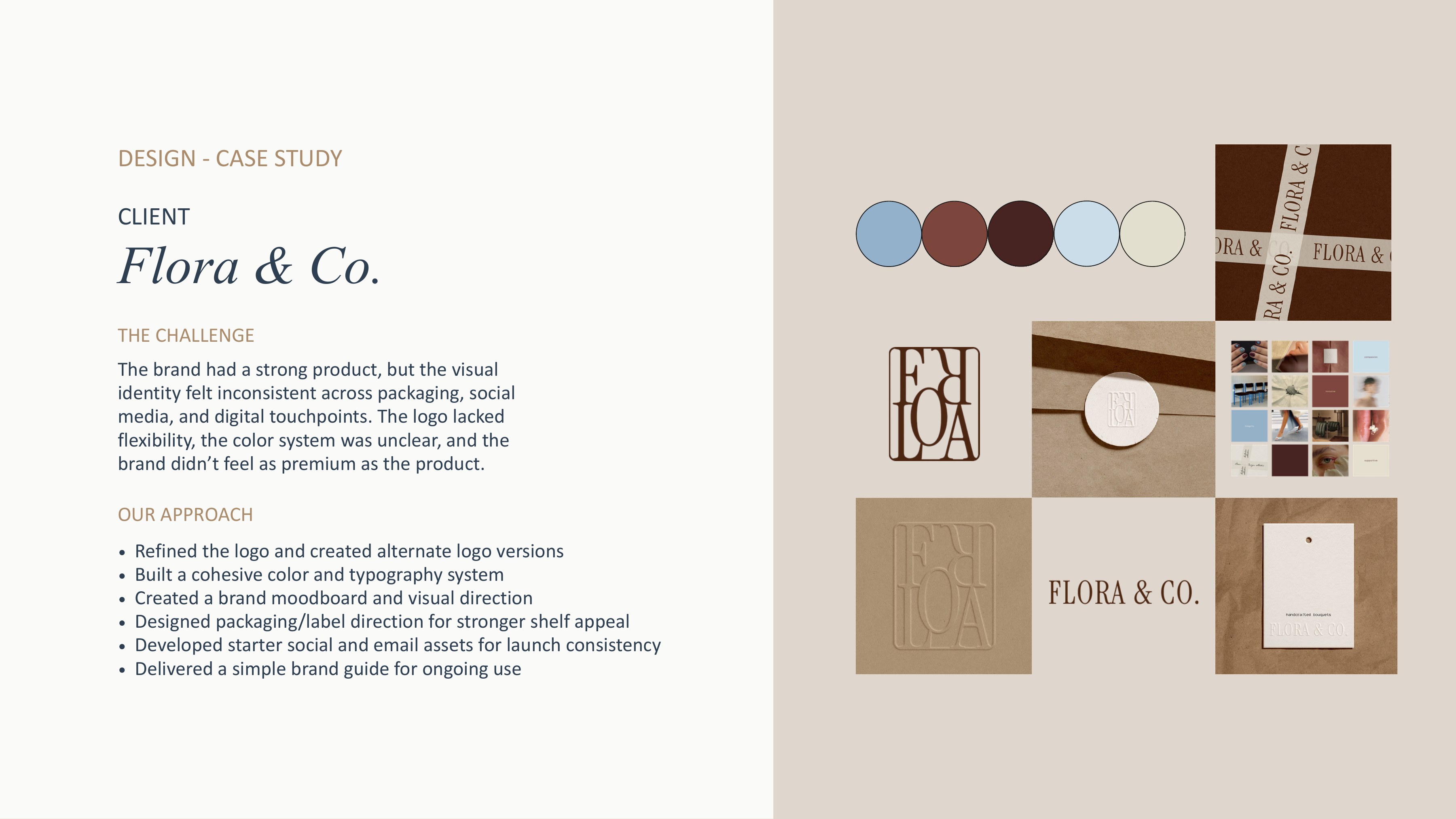Flora & Co. brand case study — logo, palette, packaging design by Diane
