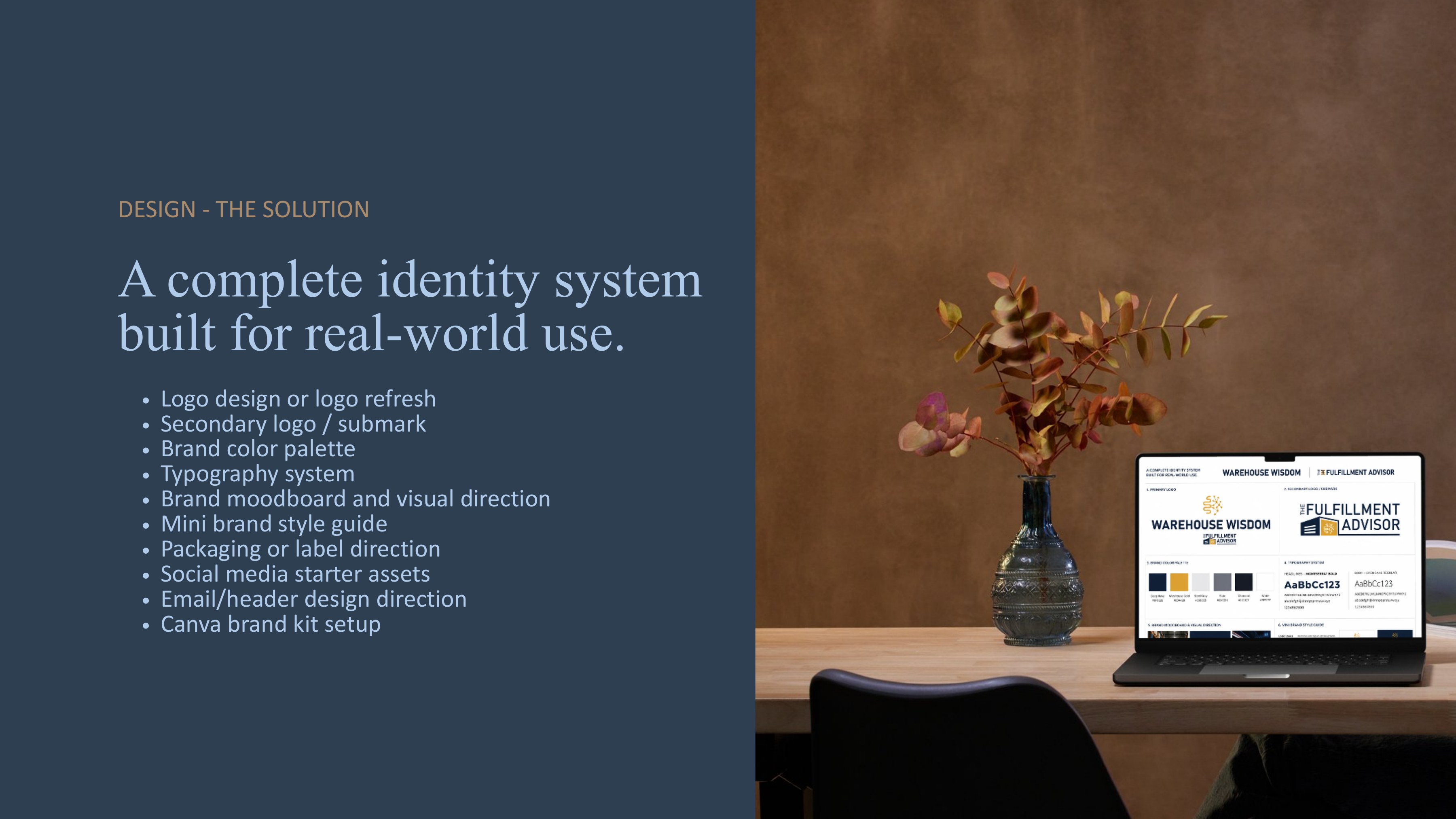 Identity system mockup — Warehouse Wisdom & The Fulfillment Advisor branding by Diane